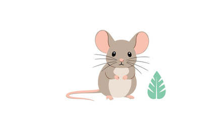 Adorable illustration of a small brown mouse sitting peacefully next to a single green leaf on a plain white background.