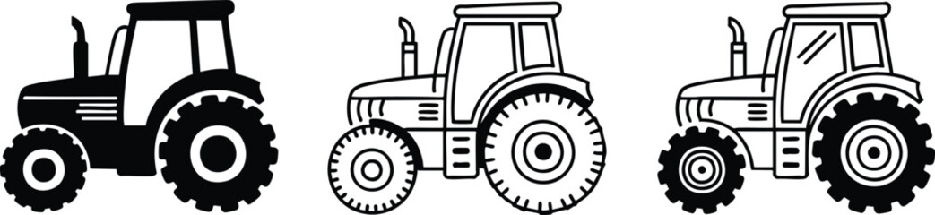 Modern Farm Tractor Silhouette and Outline Set, Agricultural Machinery and Farming Equipment Icons, Heavy-Duty Tractor Vector Symbols for Agriculture. © naeem