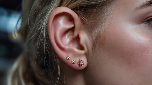 Close up of woman ear with multiple earrings and modern fashion jewelry style