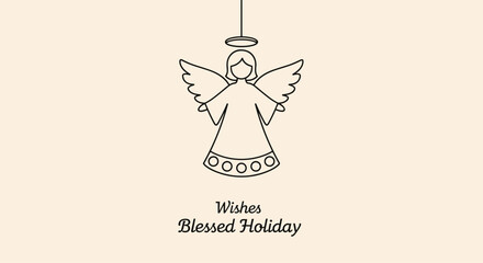 Obraz premium Minimalist black line drawing of a holiday angel with wings and a halo, with festive greeting text on a soft cream background.