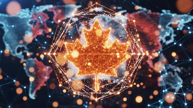 Golden maple leaf emblem within global network, overlayed by flag