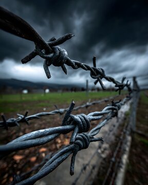 Stacheldrahtzaun vor dunklem Himmel als Symbol f&uuml;r Grenze und Konflikt