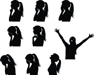 Black silhouette set of young woman with ponytail showing various emotions including thinking, feeling sad, crying, laughing, and celebrating with arms raised high