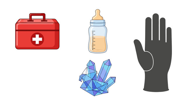 Set of medical and miscellaneous icons including a first aid kit, baby bottle, crystal cluster, and a black protective glove