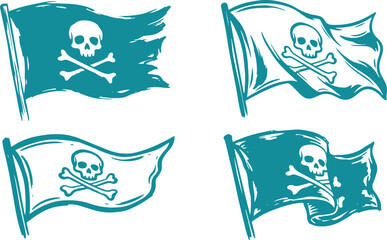 Obraz premium Hand Drawn Pirate Flag Set Skull and Crossbones Jolly Roger Sketch Vector Illustration.