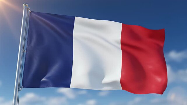 Waving tricolor flag against a bright blue sky with sun flare