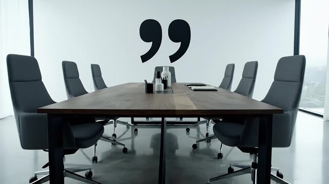 Modern conference room with a large quotation mark on the wall