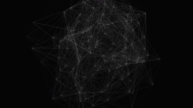 Seamless 4K loop of a 3D universal constellation map. Volumetric network nodes perform a rhythmic pulse broadcast, expanding and illuminating connections for tech presentations and data visualization.