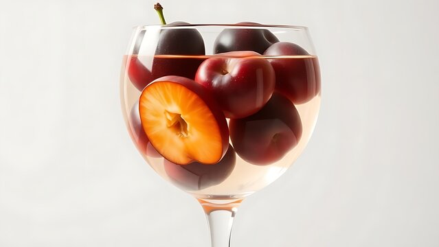 Crystal glass filled with clear plum schnapps and whole fruits, natural light. bar promotions, beverage menus, designed for food & beverage menus and cafe branding.
