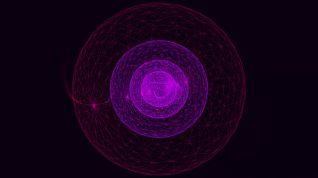 Seamless 4K loop of a volumetric cybersecurity neural web with glowing data packets flowing through concentric firewall spheres and lattices, representing network traffic filtering and defense layers.