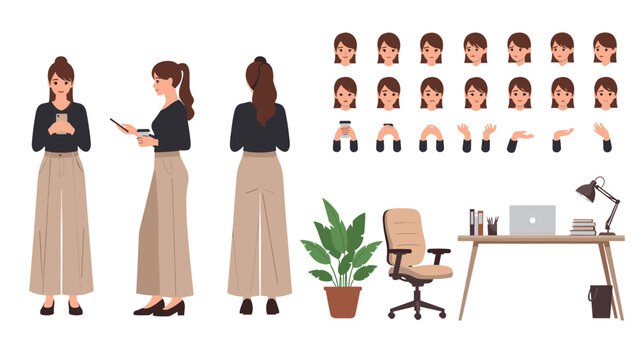 Female character kit with different views poses and expressions for creating business and lifestyle design assets.
