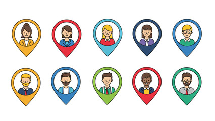 Set of ten diverse male and female professional icons placed inside colorful location pin markers for global maps.