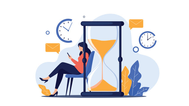 Conceptual illustration of a woman sitting next to a giant hourglass using her smartphone to represent time wasting.