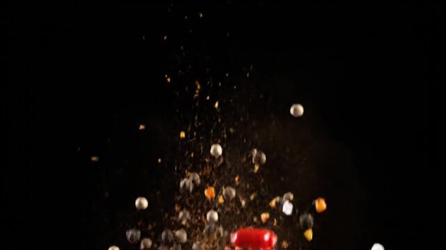 Explosion of spices and food ingredients captured in dynamic mid-air freeze-frame on a black background