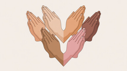 Fototapeta premium Diverse hands in prayer gesture forming a circle on beige background symbolizing unity and solidarity