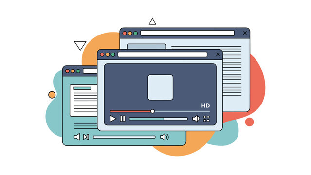 Stacked digital browser windows displaying video content with play buttons and text articles representing modern online media consumption.