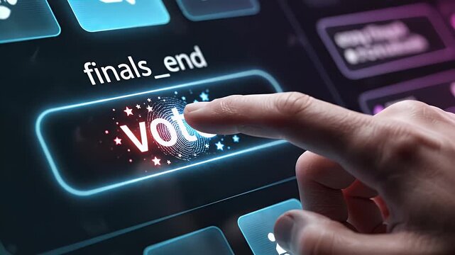 Finger touching "Vote" button on futuristic screen with "finals_end" text