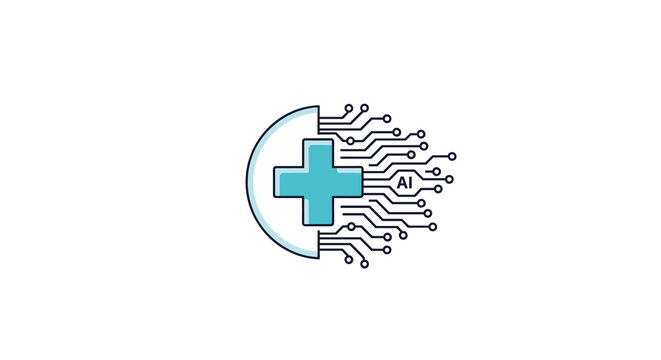 A light blue medical cross integrated with a circuit board pattern on its right half shows numerous lines and AI text flowing outwards on a plain white background.