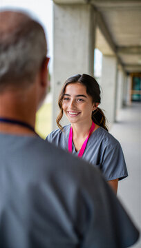 Enthusiastic medical intern reacting with a bright smile to positive performance feedback from a senior mentor outside the clinic.