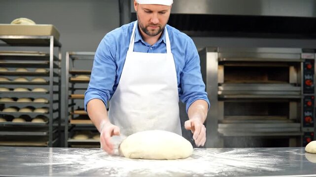 Skilled professional baker meticulously prepares fresh dough on a floured surface, shaping it for baking in a modern commercial kitchen environment, highlighting the craftsmanship of bread making