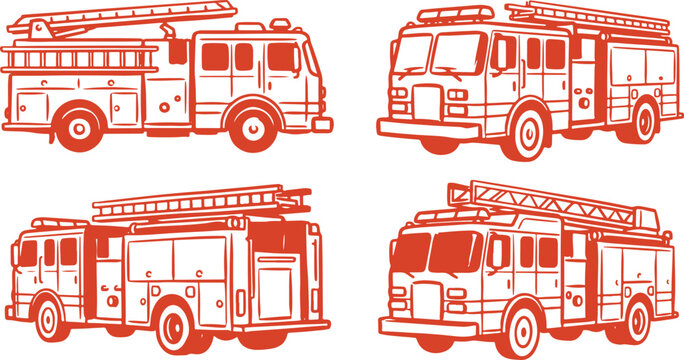 Hand Drawn Fire Truck Set Emergency Vehicle Sketch Vector Illustration.