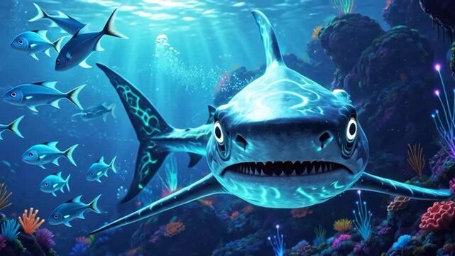 Underwater Scene with Shark and Coral Reef.