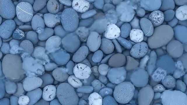 An mesmerizing overhead shot captures the gentle ebb and flow of crystal-clear water washing over a collection of smooth, naturally tumbled pebbles. The stones display a beautiful array of cool blue, 