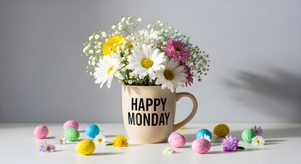 Easter monday celebration with happy monday mug and colorful eggs
