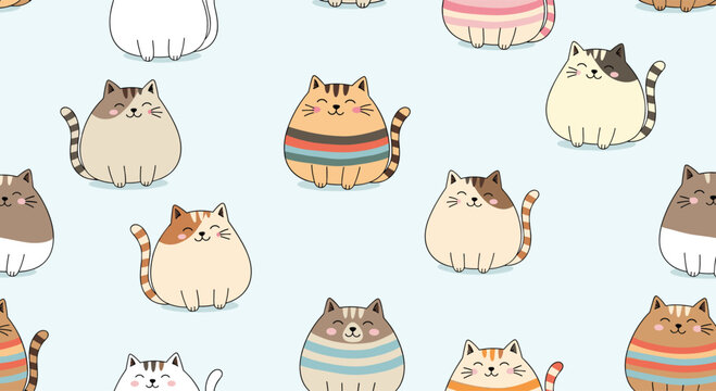 Adorable seamless pattern with round fluffy cats in various poses and colors on a light blue background for pet lovers.