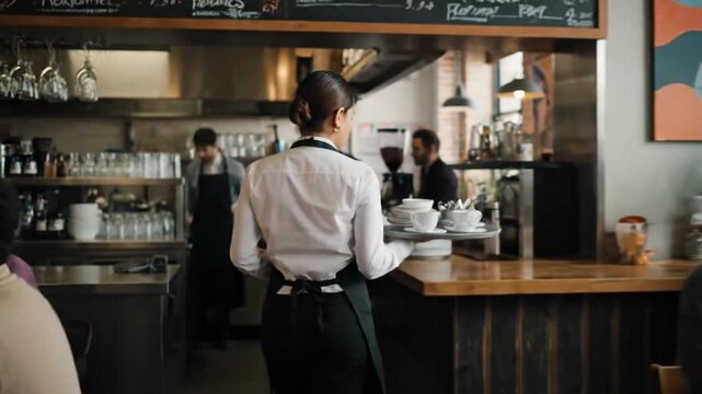 Dedicated waitress expertly serves multiple coffee cups, providing efficient and welcoming service in a bustling, well-organized cafe environment, contributing to a vibrant customer experience
