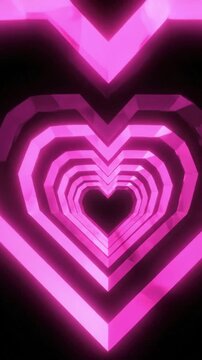 Colorful heart shapes move in a continuous pattern creating a tunnel effect in bright pink shades during an animation