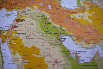 Naklejka premium Detailed Middle East Map Close-Up Showing Iraq Iran and Jordan Capitals, Vibrant Travel Atlas for Global News and Education