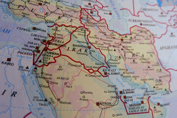 Naklejka premium Detailed Middle East Map Close-Up Showing Iraq Iran and Jordan Capitals, Vibrant Travel Atlas for Global News and Education