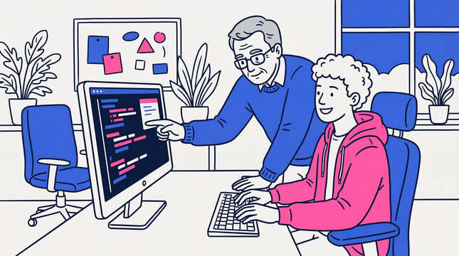Teaching and learning computer programming. An older man and a young person collaborating at a computer, developing software