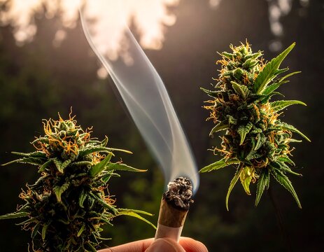 A hand holds a lit cigarette between two cannabis plants