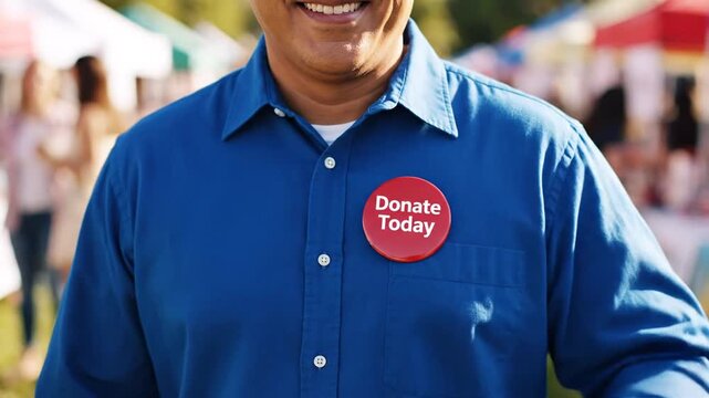 Man in blue shirt pointing at red 'Donate Today' button