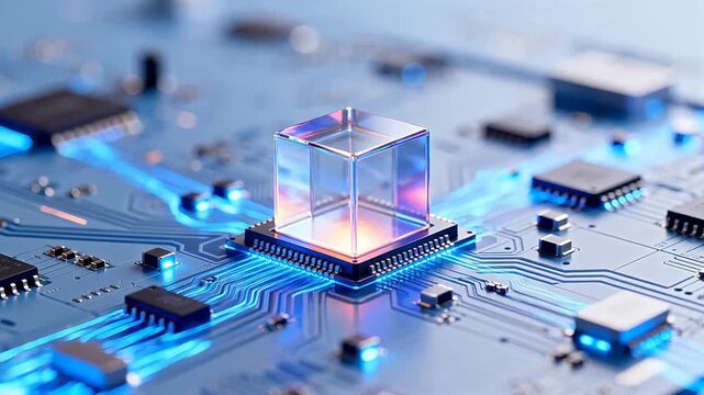 Circuit board with glowing cube