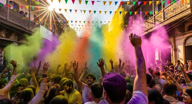 Crowd of people throwing colorful holi powder in celebration at a festival