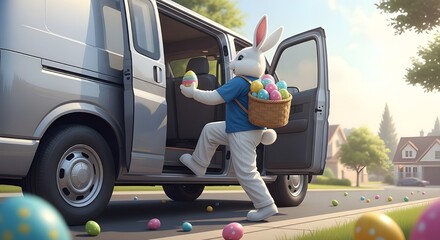 Easter Monday delivery Easter bunny unloading eggs from van