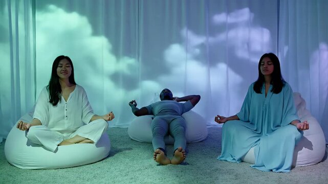People meditating on beanbags in a room with sheer curtains and projected cloud patterns