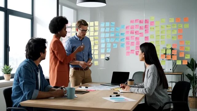 Diverse team collaborating on a project using sticky notes on a glass wall in a modern office setting