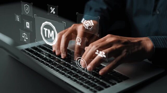 Trademark protection and legal compliance with TM icon, copyright law, patent check, intellectual property rights, and branding regulation enforcement Marrow