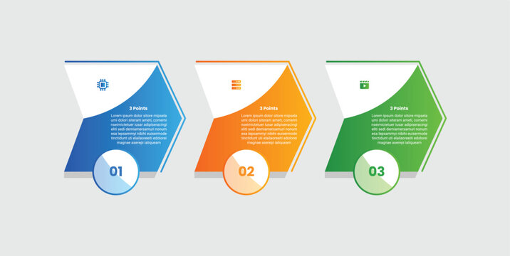 3 points infographic with gradient style with big arrow box container with circle badge on bottom with 3 elements stages