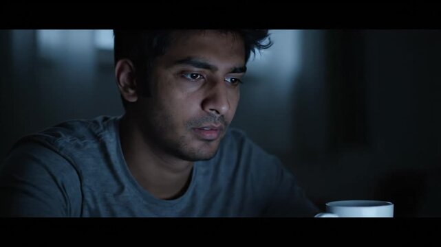 Young man intently watching a portable computer in bed at night, the screen casting a bright glow across his face, indicating deep focus and engagement with digital content