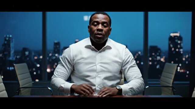 Business professional in a modern boardroom with a city skyline view at night, exuding confidence and leadership qualities