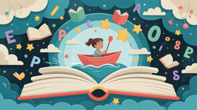Little girl in red boat on open book with letters and stars floating in night sky with clouds