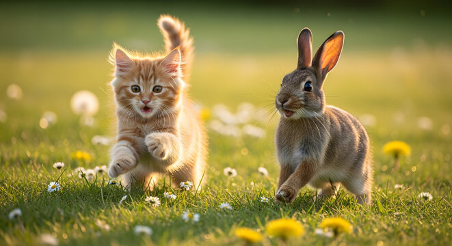 Cute kitten and bunny running together in a sunny meadow playful friendship and springtime concept natural outdoor scene