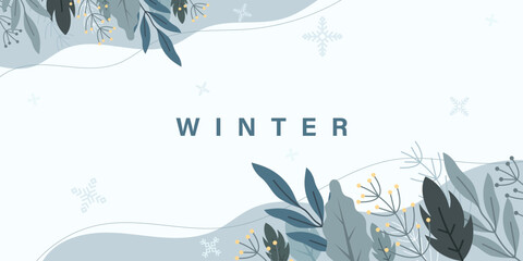 Stylish winterthemed background with blue and grey botanical elements, decorative snowflakes, and the word WINTER in a clean, modern font. Perfect for seasonal greetings or web design. © Design 26BD