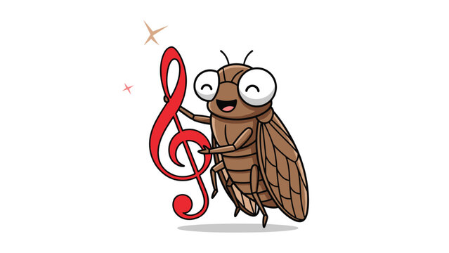Cheerful brown cicada with big eyes standing next to and holding a large red treble clef musical note symbol.