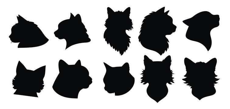  cat head silhouettes set isolated flat illustration on white
